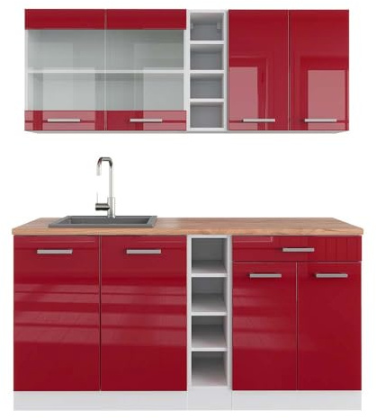 Vicco Singleküche R-Line, Rot Hochglanz/Weiß, 160 cm | 6 Module · Höhenverstellbare Füße · Arbeitsplatte Eiche · Robuste Fronten · Mit offenen Regalen · Frei kombinierbar