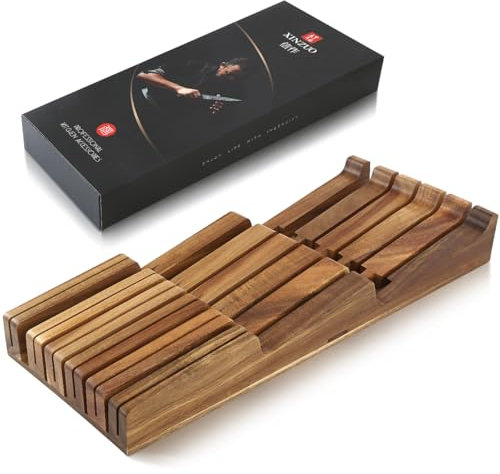 XINZUO Messerblock Schublade aus Akazienholz -Messeraufbewahrung für 4 lange+6 kurze Messer+1 Wetzstahl -Messerhalter für Schubladen 43,6 x 18,4 x 5,3 cm -Küche Messerorganizer Messereinsatz