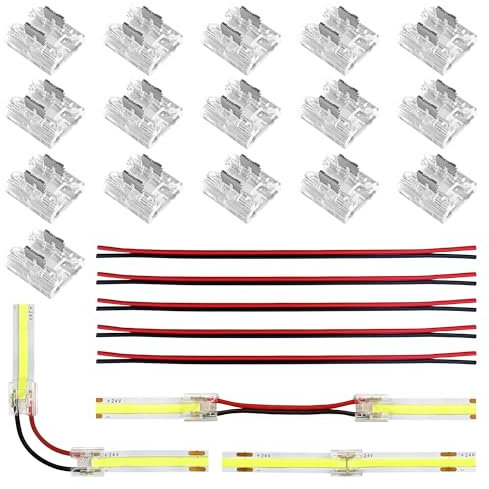JACKYLED 2-Pin 8mm FCOB Connector Kit, 16 Transparent Connectors & 5 Extension Jumper Wires for Solderless Two-Pin Single Color COB LED Strip Straight Connection or Around Corners