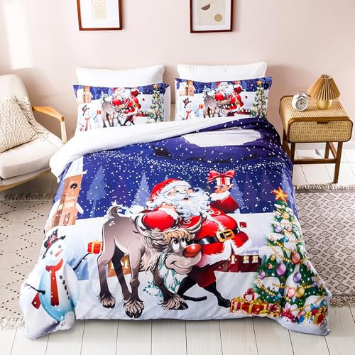 Gohytal Bettwäsche Weihnachten 135x200, Weihnachts Bettwäsche Kinderbettwäsche, Rentier Hirschmotiv Schneeflocke Weihnachten Bettwäsche Set Microfaser Bettbezug 135x200cm und Kissenbezug 80x80cm (04)