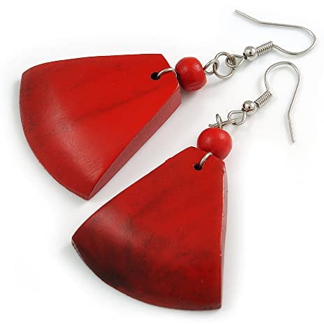 Red Painted Wood Fan Shape Drop Earrings/Lightweight/55mm Long