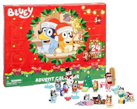Blueys Adventskalender, entdecke hinter den 24 Türchen die 4 Mini-Figuren Bluey, Bingo, Muffin und Socks, 12 Zubehörteile, 3 Aufsteller aus Papier und 5 Sticker