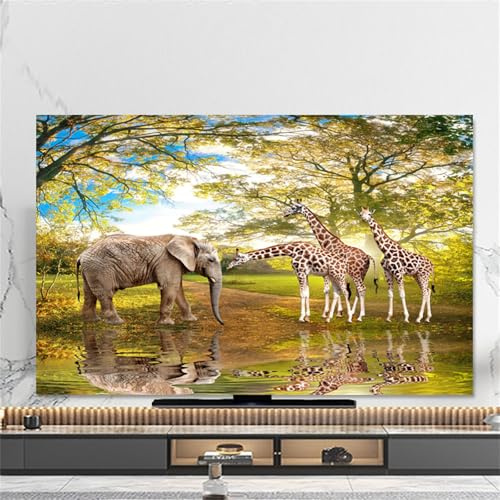 Hixingo TV Abdeckung Staubschutzhülle, 3D Wald Muster TV Staubschutzhülle 32-80inch TV Abdeckung Schutzhülle Fernseher Fernsehabdeckung Universal TV Schutzhülle (58-60inch,Elefant + Giraffe)
