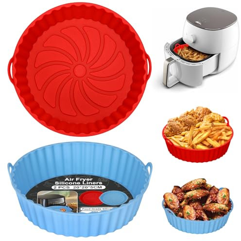 Alyvisun Moldes Silicona Freidora de Aire, 2 Piezas Recipientes Bandeja Accesorios para Freidora sin Aceite Reutilizable Redondo Utensilios Cesta para Air Fryer, Microondas, Horno (Rojo+Azul Cielo)