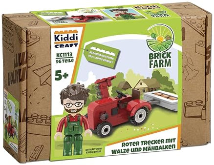 KIDDICRAFT KC1113 Roter Trecker mit Walze und Mähbalken - Klemmbausteine