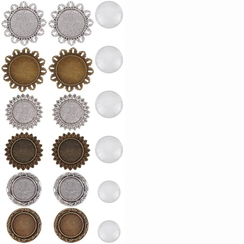 SUNNYCLUE 1 boîte de 12 pièces Kit de Fabrication de Broches Cabochons Broches Boutonnière de Mariage Plateau de Lunette de Cabochon avec Cabochon en Verre Broches de Broche Vierges Base de Broche Dem