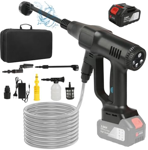 Hidrolimpiadora Batería, Máximo 200 Bar, Hidrolimpiadora de Alta Presión con Batería 15000mAh, Boquilla 6 en 1, Boquilla Ajustable y Manguera 5m, Pistola de Agua a Presión Coche Suelo Jardín, Negro
