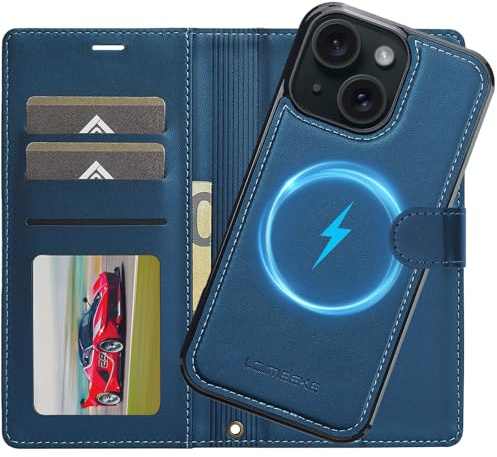 Ailicici für iPhone 15 Hülle, 2-IN-1 Abnehmbare Magnetische Hülle, Kabelloses Laden, Kartenfach Leder Case, Handyhülle RFID Klapphülle, Schutzhülle für iPhone 15 Hülle (Blau)