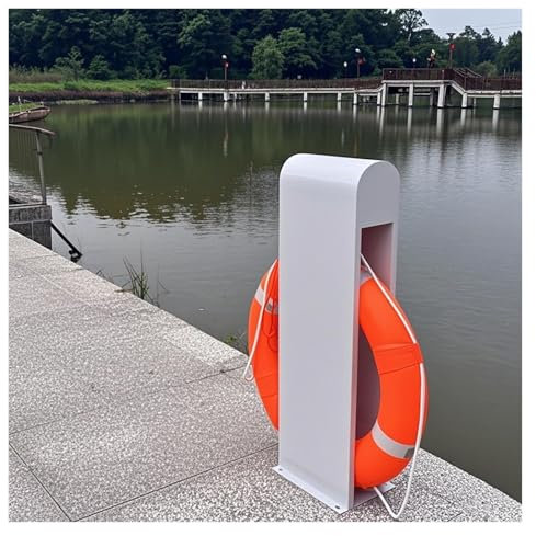 MZZKFC Life Ring Holder for Dock, 37.8 IN Lifebuoy Rack with 28.3 IN OD Lifebuoy & 16.4 FT Rope, Cruise/Pool/Pond Lifebuoys Bracket, White Floor Type Waterproof Rust-proof(3 Pack)
