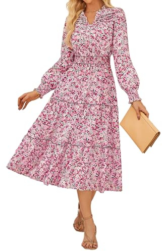 Women's Floral Dress Casual Swing Flowing Tiered Smocked Midi Dresses L Black and Pink