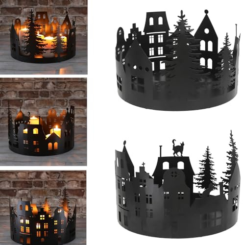 itsisa Deko Kerzen Tablett Stadthäuser 30x21 cm aus Metall schwarz - Windlicht Adventskranz, Weihnachsdeko Kerzentablett, Kerzenhalter, Adventsdeko