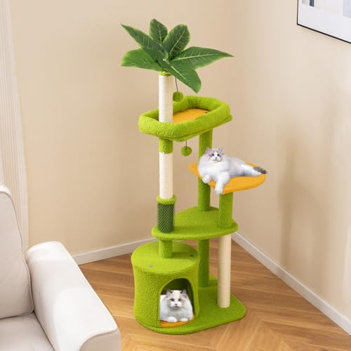 GOPLUS Kratzbaum klein, Katzenturm mit große Plattformen, Katzenhöhle, Sisal-Kratzpfosten, Pflegebürste, Ball & künstlichen Blättern, Katzenbaum Indoor, Kletterbaum für Kätzchen (122 cm)