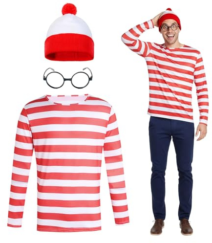 3 Herren Rot-weiß Gestreiftes T-Shirt Kit, Herren Lustig Kostüm mit Brille & Bommelmütze, Party Outfit für Erwachsene Rot und Weiß Top Fresher Kostüm Faschingskostüm für Karneval, Alltagskleidung