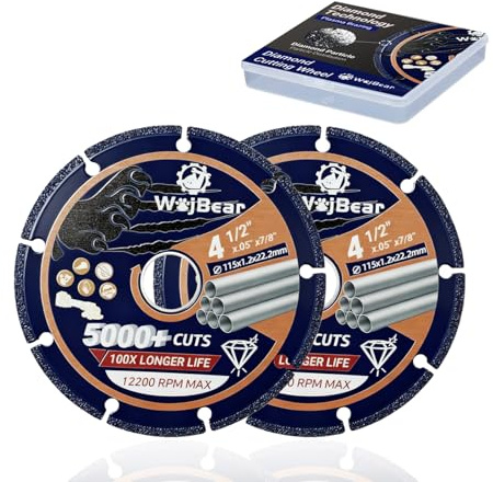 WojBear 2 PCS 115 mm Metal Cutting Discs, 5000+ Cuts Diamond Cut Off Wheel for Steel, Rebar, Iron and Stainless Steel, 1.2 mm Thin Cutting Disc for Angle Grinder