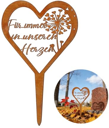 Plstod Grabschmuck Wetterfest, Grabstecker Herz 28x18cm, Rostoptik Grabdekoration Wetterfest, Friedhof Deko Grabdeko Herzform aus Eisen mit Löwenzahn Motiv, Grabstein Schmuck für Grab Deko und Garten