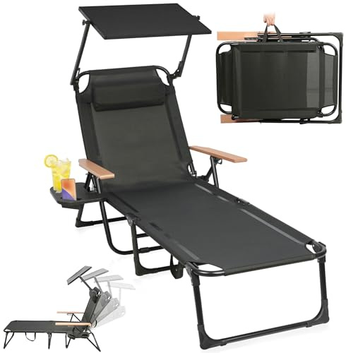 AlpineAura Sonnenliege klappbar mit Dach & 4-Fach Verstellbare Rückenlehne, Gartenliege mit Kopfkissen bis 150 kg, Tragbar Strandliege Liegestuhl, Campingliege für Pool, Strand (Schwarz mit Dach)