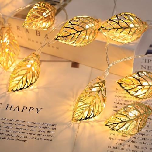 LED Lichterkette Goldene Blätter,2M 10LED Metall Lichterkette Blätter,Hohl Metall Blatt Lichterketten Batterie,Goldblätter Lichterketten Innen Außen,Dekorative Lichter für Schlafzimmer Garten Hochzeit