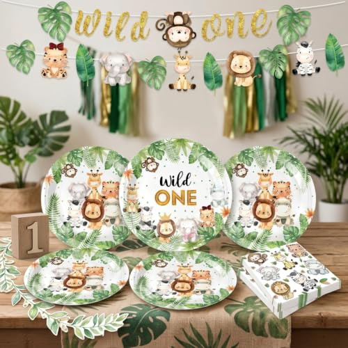JeVenis Jungle Safari Theme Birthday Party Supplies Animal Plates Napkins | Jungle Animal Disposable Plates Napkins for Birthday Baby Shower Decorations
