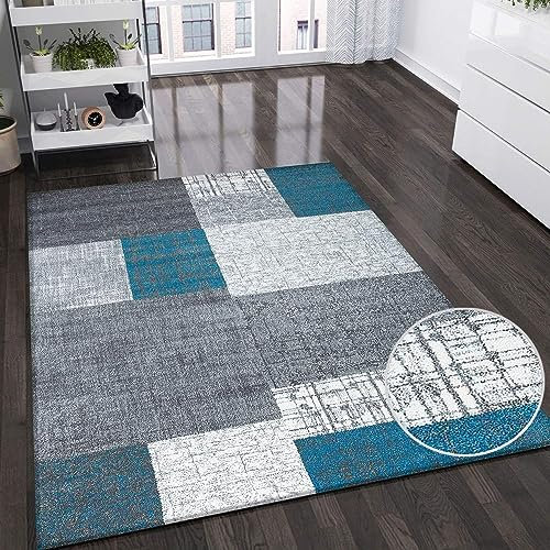 VIMODA Teppich Kurzflor in Türkis Blau Grau und Weiß Wohnzimmer Teppiche Modern Kachel-Optik Pflegeleicht, Maße:230x320 cm