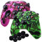 YoRHa Water Transfer Printing Camouflage Silicone Cover Skin Case for Microsoft Xbox One X & Xbox One S controllerx 2(green&dark pink) With PRO thumb grips x 8