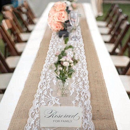KongEU Lot de 10 chemins de table en dentelle vintage en toile de jute rustique pour mariage, festival, fête, événement - 30 x 275 cm