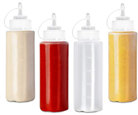 MATANA 4 Large Plastic Squeeze Sauce Bottles with Nozzles, 500ml - Condiments, Sauces, Ketchup, Dressings, Mustard, Olive Oil - BPA-Free & Dishwasher Safe