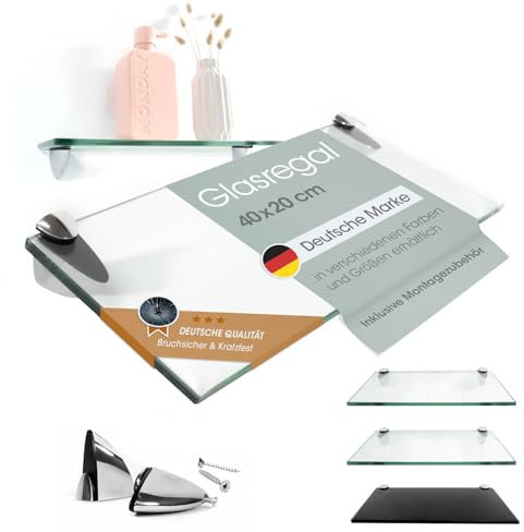 Rapid Teck Glas Wandregal Klarglas transparent 40cm x 20cm - Glasregal mit 8mm ESG Sicherheitsglas - Glasregal perfekt als Badablage Glasablage für Badezimmer - Verschiedene Größen wählbar