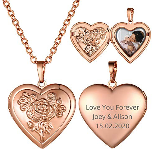 GoldChic Jewelry Rose Gold Locket Necklace Engraved Photo, Personalised Lockets that Hold Pictures For Woman