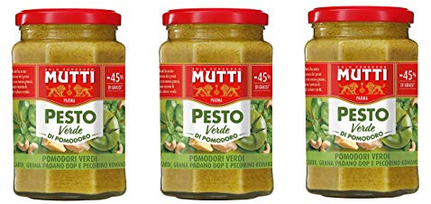 3x Mutti Pesto Verde Pomodori Verdi Grünes Tomatenpesto Pasta Sauce 100% italienische Tomate Glas 180g Würzsaucen mit Cashewnüssen, Grana Padano und Pecorino Romano
