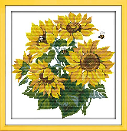 Kreuzstich Stickpackungen Vorgedruckt, OWN4B Sonnenblumen Bilder 11CT 16,1x16,5 Zoll DIY Stickpackung Set