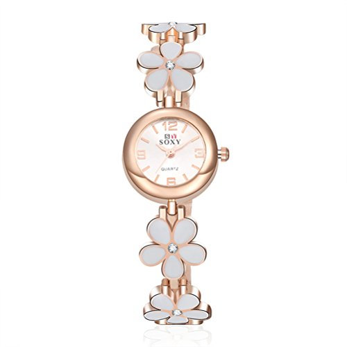 UKCOCO Minimalistische Armbanduhr Für Damen Elegante Quarz-Armbanduhr Mit Blumenarmband Weiß Mit Schwarzem Box Für Alltag Und Besondere Anlässe