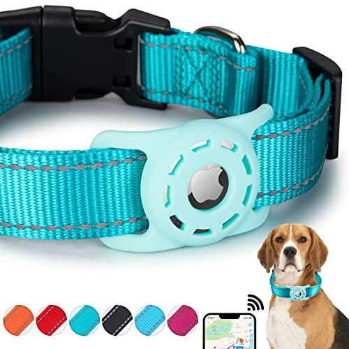 KONITY Reflektierendes AirTag Hundehalsband, kompatibel mit Apple AirTag, Nylon Haustier Katze Welpen Halsband mit Silikon AirTag Halter für kleine, mittelgroße, große und extra große Hunde