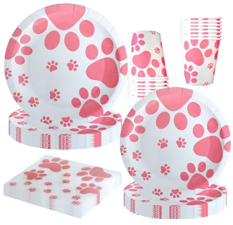 BlinBlin Juego de vajilla con huellas de perro rosa, juego de vajilla con estampado de huellas de perro rosa para fiesta de cumpleaños de niños, cubiertos con huella de perro, sirve para 20 invitados