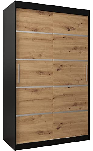 MEBLE KRYSPOL Schwebetürenschrank Verona 1 120 cm Kleiderschrank mit Kleiderstange und Einlegeboden Schlafzimmer- Wohnzimmerschrank Schiebetüren Modern Design (Schubladen: 0, Schwarz + Artisan Eiche)