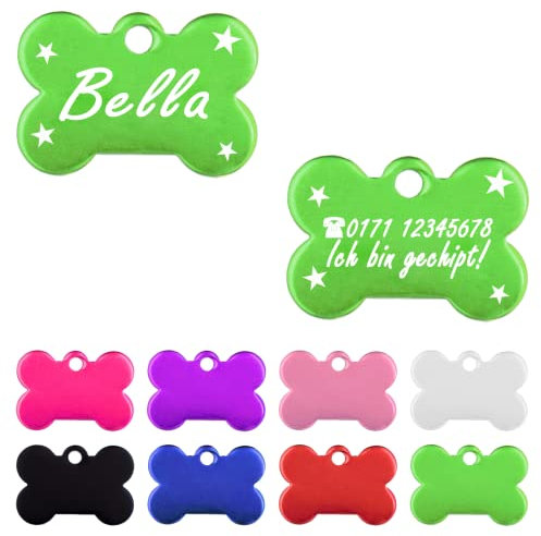 Iberiagifts - Hundemarke Knochen mit Gravur und Sternefür sehr kleine Welpen - Hunde - Katzen Haustier Plakette Anhänger Halsband Medaillon graviert personalisiert (Grün)