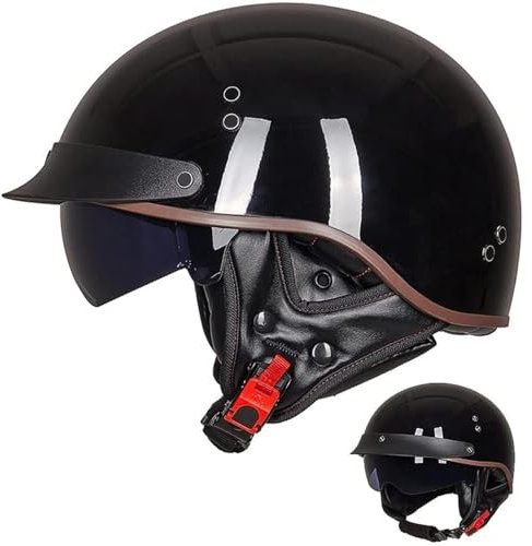 Casque Bol Jet Brain Homologué ECE - Demi-Coque Moto Vintage à Visière Intégrée pour Cruiser Chopper Scooter Cyclomoteur, I-XL=(61~62cm)
