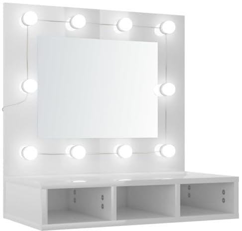 vidaXL Mueble con Espejo y LED Baño Corredor Pasillo Iluminación Tocador Entrada Ducha Aseo Cuarto Armario Decoración Adorno CasaBlanco Brillante