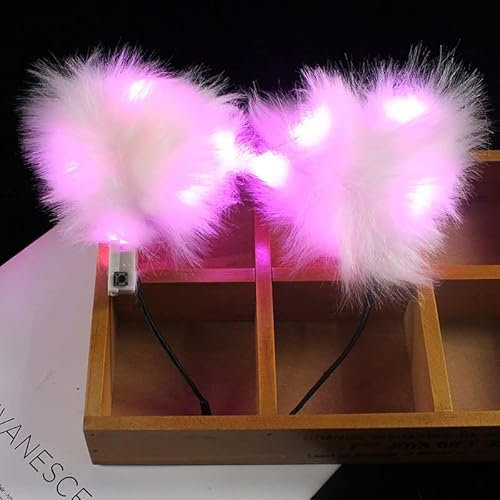 LEEMASING Serre-tête lumineux à LED avec oreilles de chat en fausse fourrure pour Noël, fête, cosplay, Halloween, anniversaire (rose)