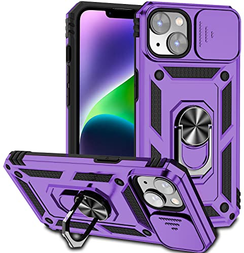 Hitaoyou iPhone 14 Plus Case - Military Grade Shockproof with Camera Cover, Kickstand & Magnetic Car Mount Holder (Dark Purple)