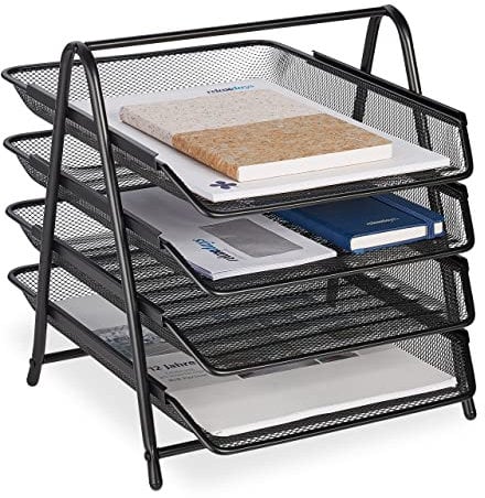 Relaxdays Dokumentenablage, 4 Fächer, Mesh-Metall, Briefablage für A4, HxBxT: 32,5 x 30 x 35,5 cm, Ablagesystem, schwarz