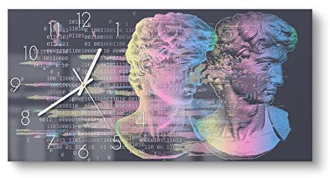 DEQORI Glasuhr | vertikal 60x30 cm | Motiv Kopf des David in Pastell | große XXL Design Uhr aus Glas | leise Wanduhr für Wohnzimmer & Küche | Moderne Hingucker Uhr für die Wand