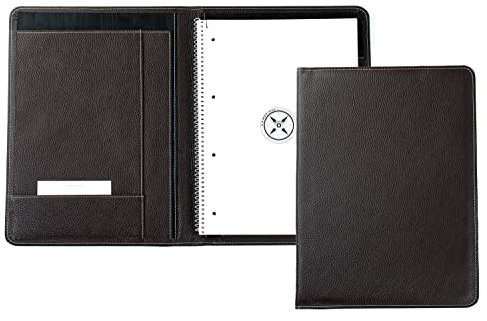 DELMON VARONE - Personalisierbare Schreibmappe inkl. Block DIN A4 (80 Blatt unliniert blanko) Softgrain Leder Braun - Echtleder Konferenz-Mappe - Business-Mappe mit Stiftschlaufe & Einsteckfach