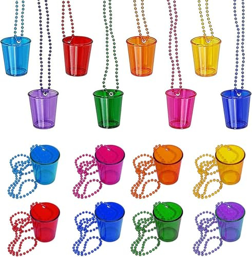 8 vasos de chupito con cadena para colgar, vasos de chupito, collar de perlas para novia, collar de cristal de chupito, cadena de cristal de chupito, perlas de plástico para JGA, fiesta, jarra de