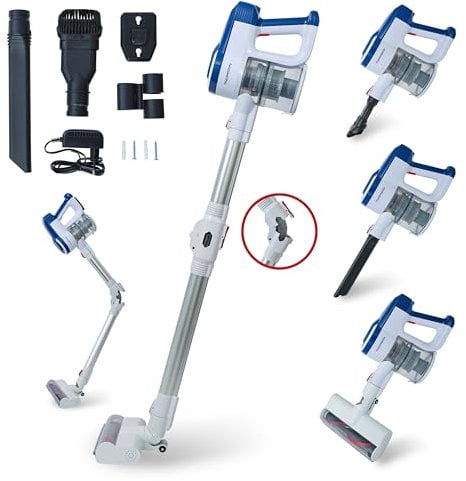 THOMSON THVC2315FLEX, Aspirateur Balai Flexible, 2 Vitesses, 45min d'autonomie, Electro Brosse avec LED, 22 Airwatts, Toutes Surfaces, 150W, Blanc et Bleu