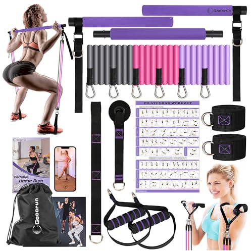 Multifunktionales Pilates Bar Kit Home Gym Widerstandsbänder Set mit Griffen und Türanker und Verlängerungsgurten - mit Fitness Poster und Video
