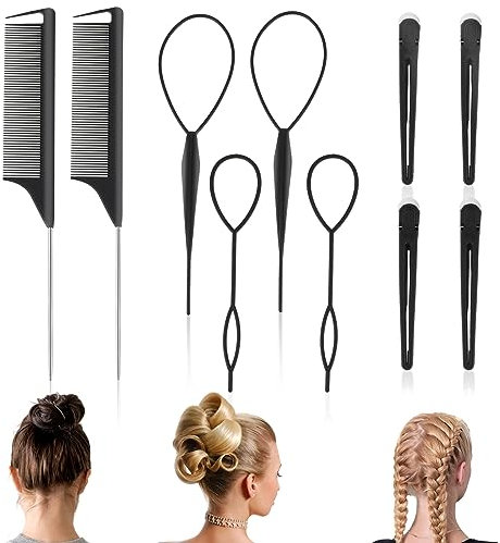 10 teiliges topsy tail,frisurenhilfe,Haar Styling Kamm Set, Haarschwanz Werkzeug und Rattenschwanzkamm,haare stylen mit Metall stift,4 schwarzen Haarnadeln und 4 französischen Zopf Werkzeug
