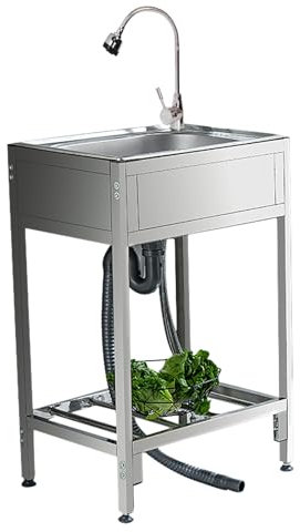 Freistehendes, gewerbliches Waschbecken aus Edelstahl mit Ablagefach und Wasserhahn, Einzelbecken, freistehendes Waschbecken mit für Terrasse, Garten, Außenbereich (Warm- und Kaltwasserhahn 68 x 44 x