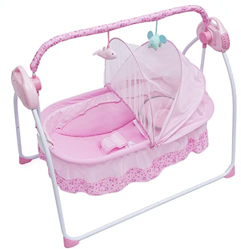 Berceau pour bébé, balançoire électrique, Bluetooth et USB, balançoire automatique avec télécommande, 12 musiques et moustiquaires, berceau pour bébé entre 0 et 18 mois, rose