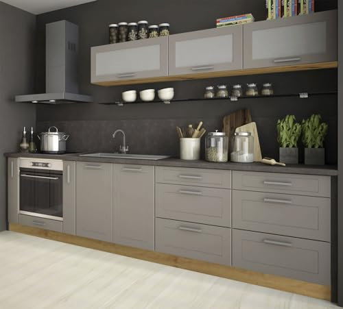 Feldmann Preiswert Wohnen Singelküche KVANTUM Küchenzeile 290cm Eiche Artisan Front MDF beige matt Teilauszug