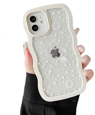 ZTOFERA Wavy Case for iPhone 11 (6.1), Cute Clear Protective Case with Planet Star Moon Pattern, Hard PC Colored Wave Frame Soft Silicone Bumper Shockproof Cover for Girls Women, Cream